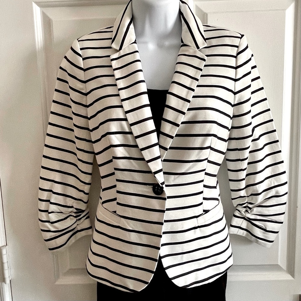 The Limited Black & White Striped Blazer with Rushed Sleeves